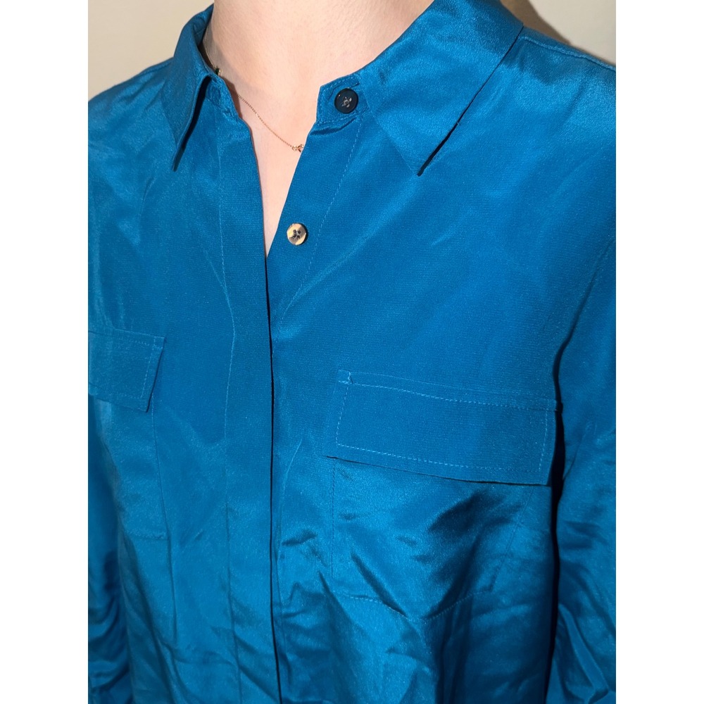Anne Taylor 100% Silk Blouse Teal Blue Double Pocket Button Down Shirt - Picture 4 of 12